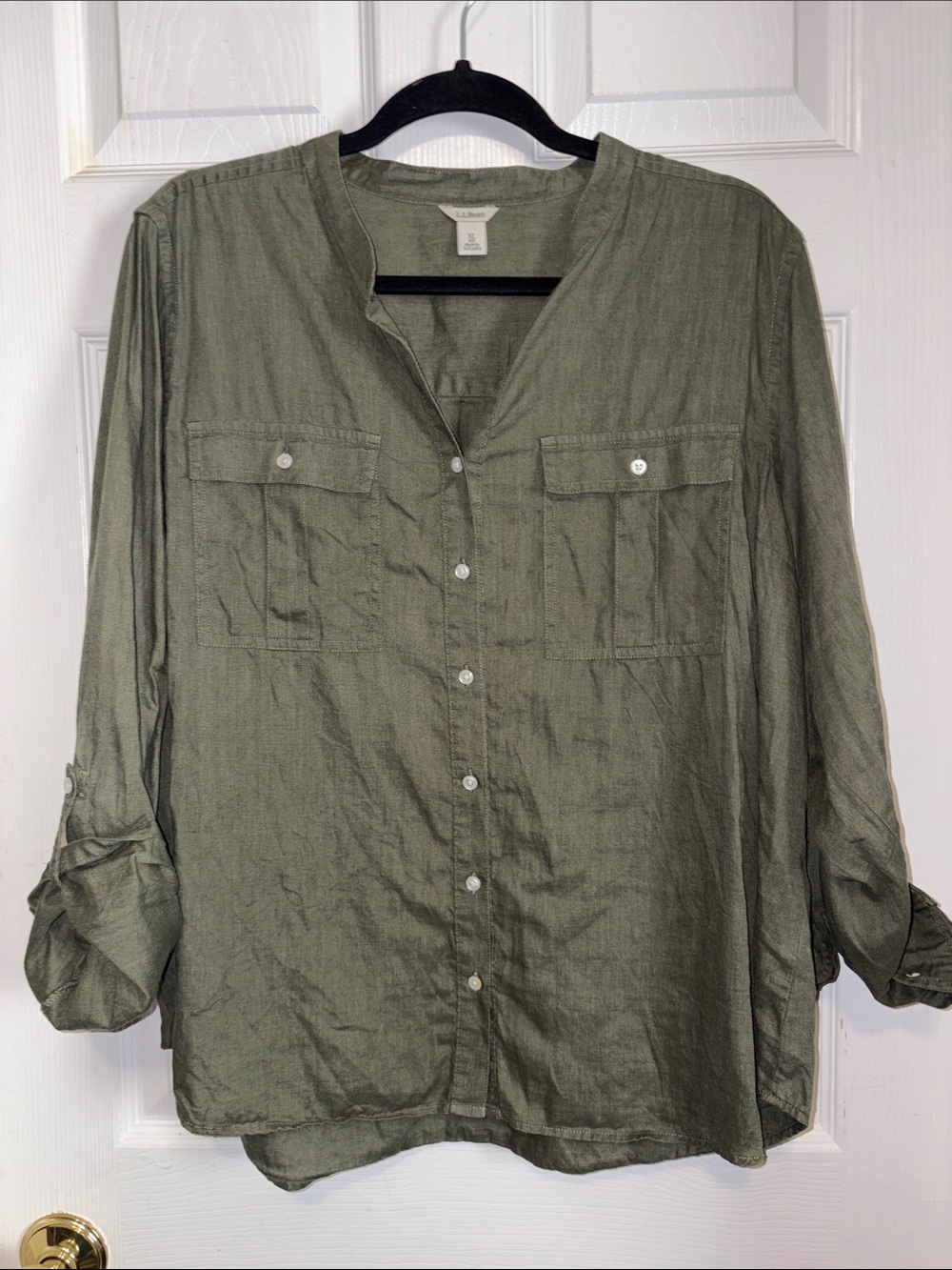 L.L. Bean Olive Green Button-Front Women's Shirt 100% linen AJ
